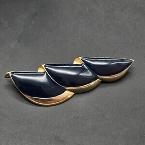 MJ Ent Navy Blue Enamel Brooch Gold Tone Geometric Bar Chunky